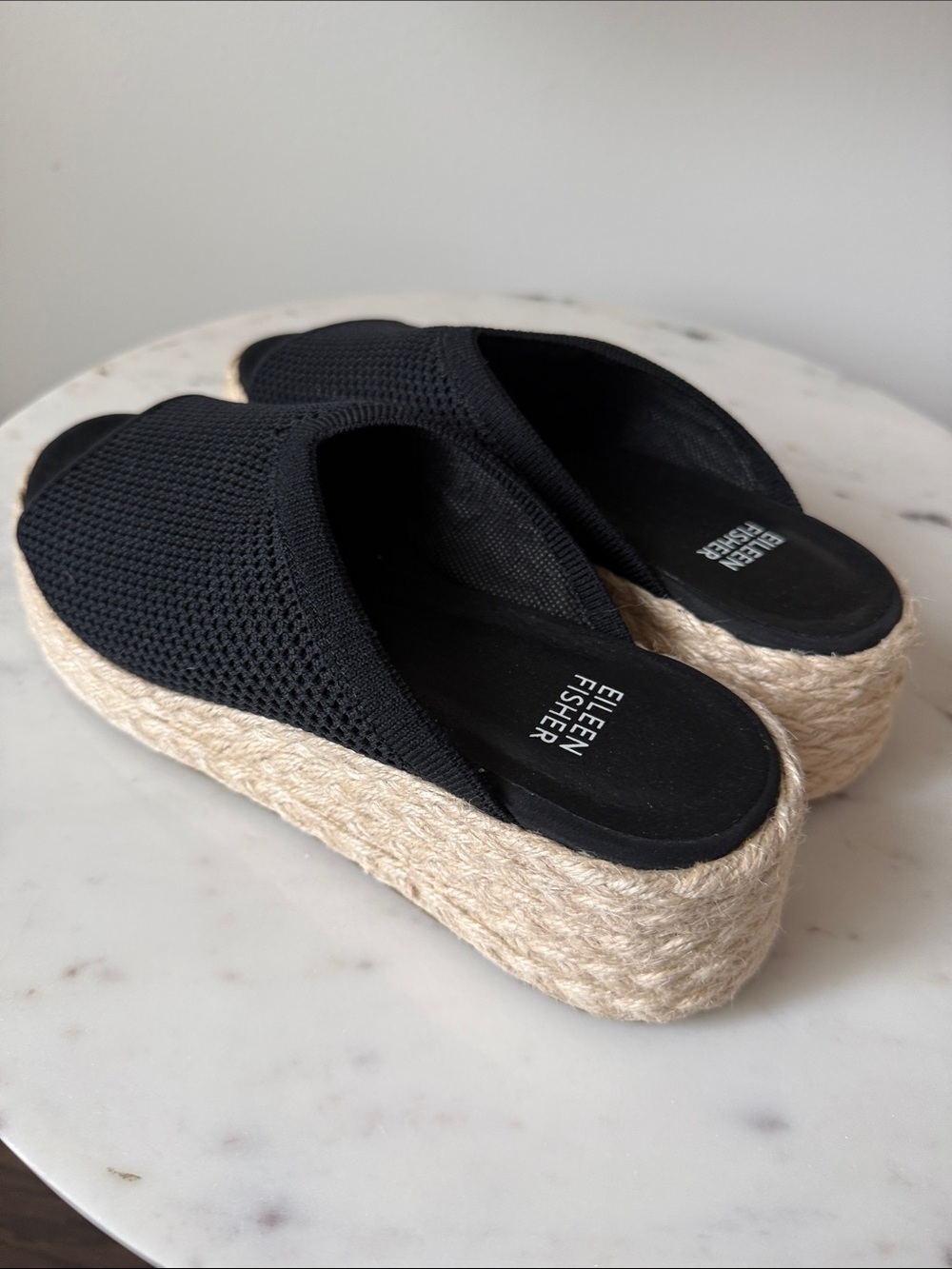 Eileen Fisher Black Mesh Espadrille Slides with Natural Jute Sole